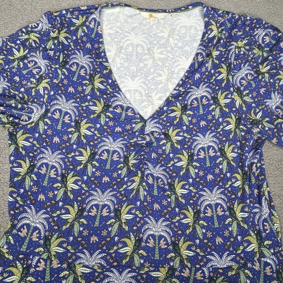 Boden Dress US Size 12 Blue Palm Trees Ruched V-Neck Pockets Swing Puff Sleeve - Picture 3 of 15